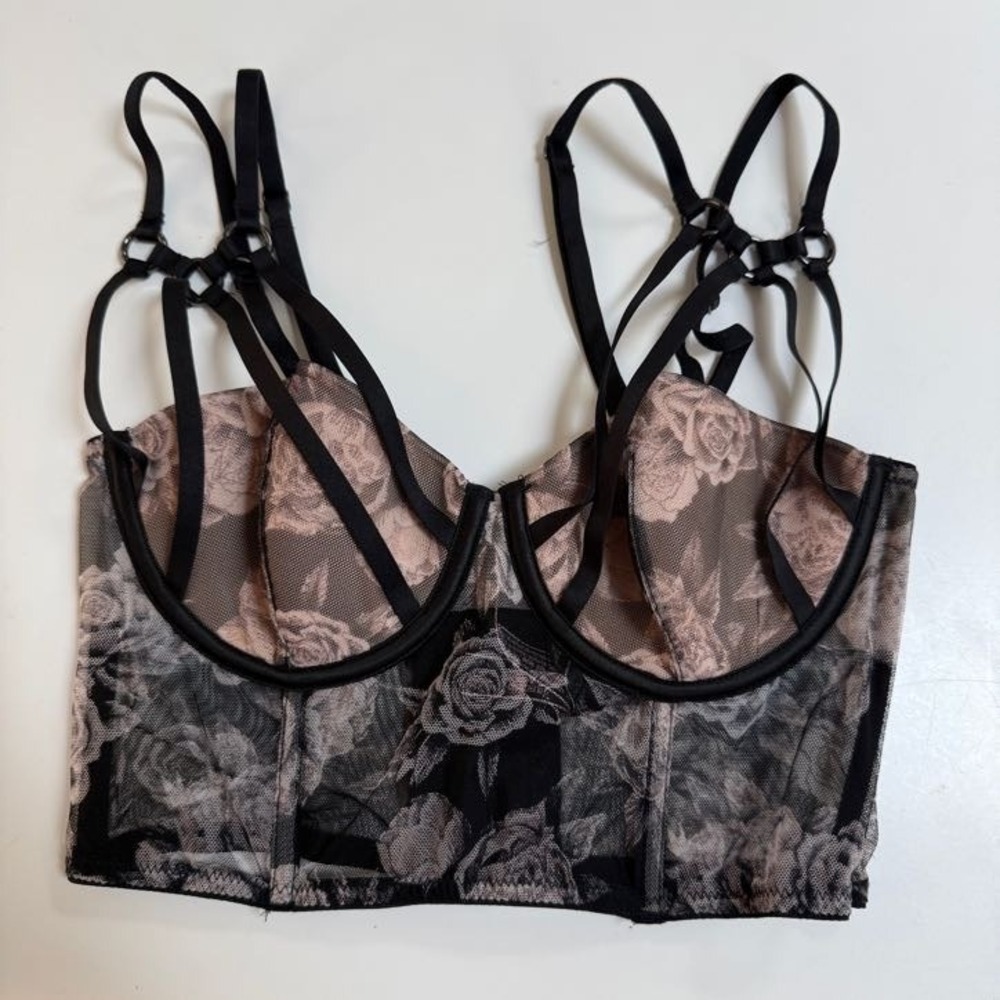 Victoria's Secret Corset Top Black Women 34B Floral Excellent Condition